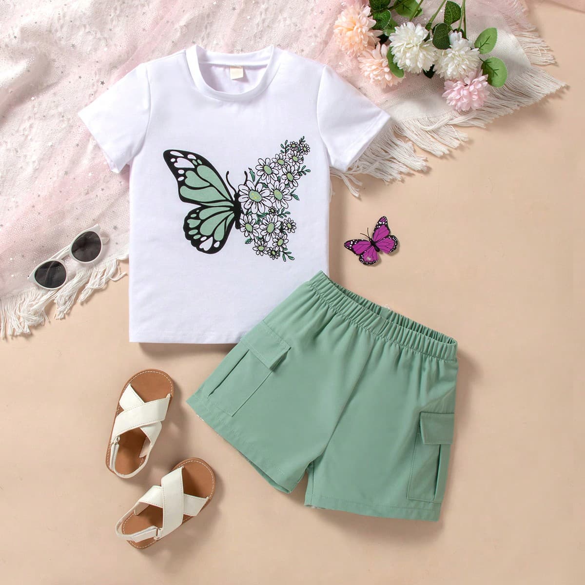 Ensemble de 2 piÃ¨ces T-shirt Ã manches courtes imprimÃ© papillon et short pour les jeunes filles, adaptÃ© pour les fÃªtes et les vacances Ã la