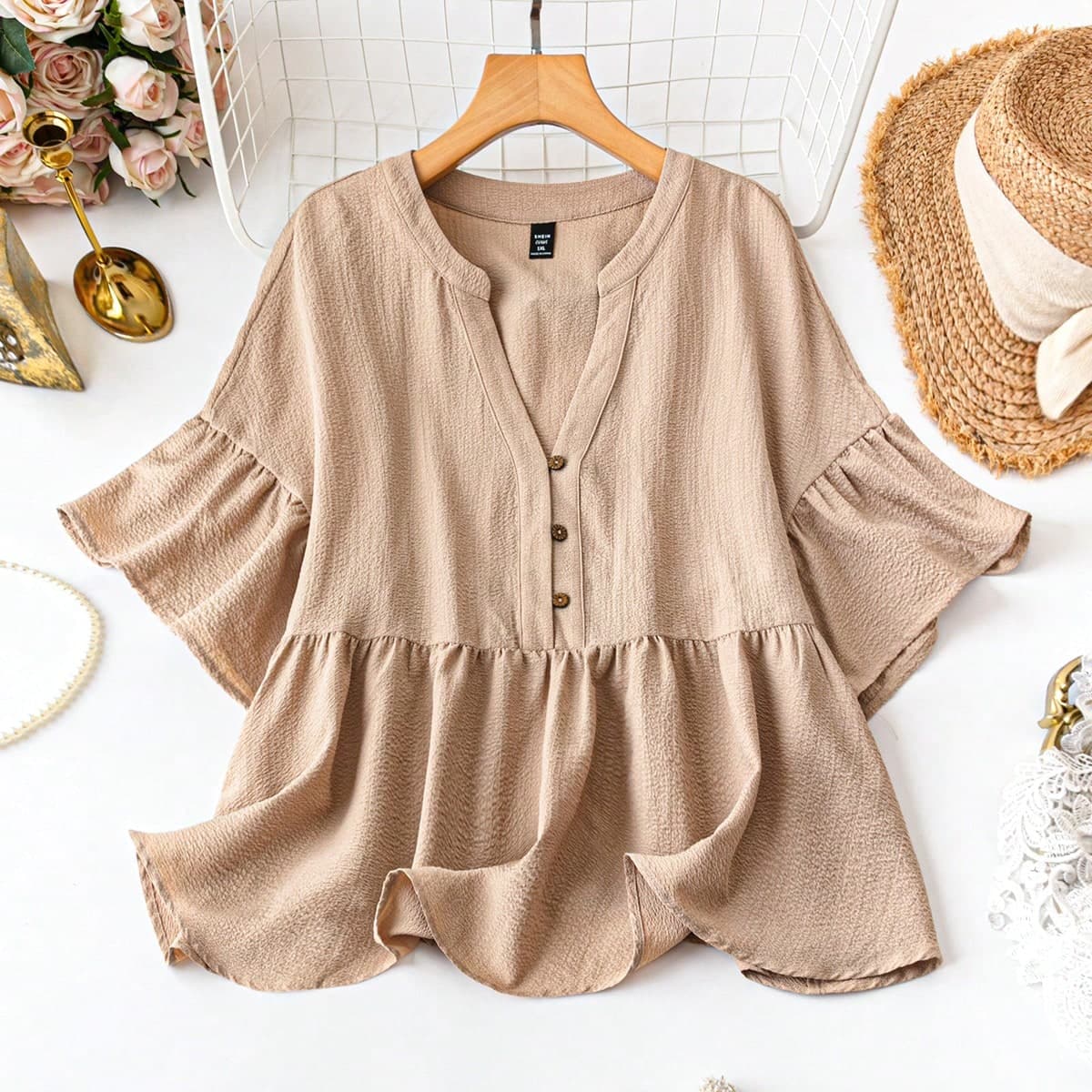Chemise kaki ample dÃ©contractÃ©e pour femmes de grande taille pour des vacances dÃ©contractÃ©es d'Ã©tÃ©, vÃªtements pour femmes d'Ã©tÃ©, hauts pour
