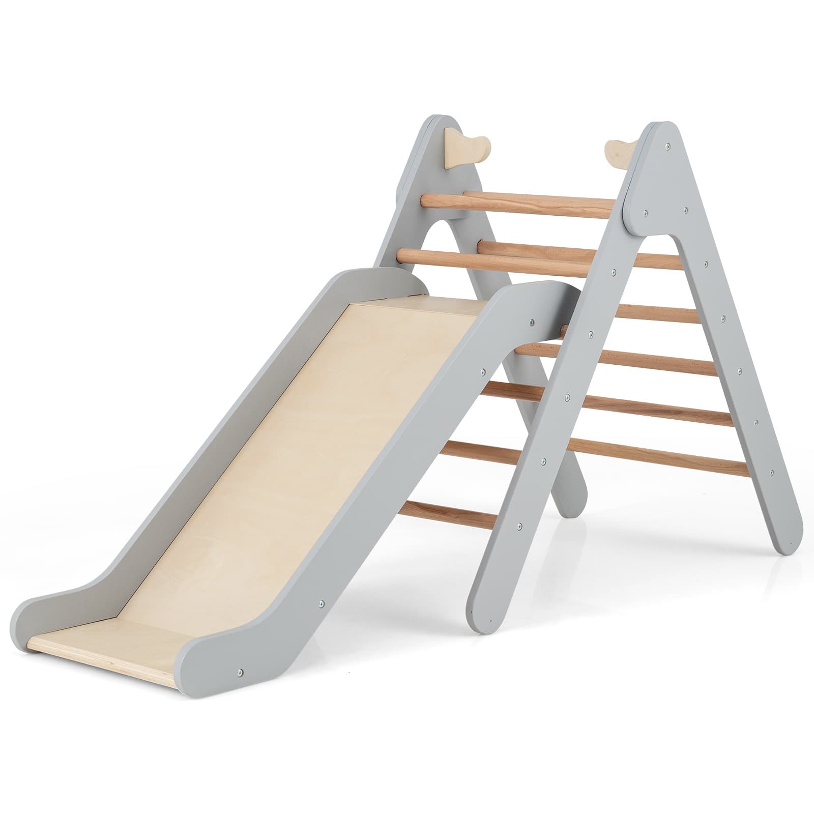 CostwayToboggan Enfant 2 en 1 avec Triangle d'Escalade en Bois Massif Pente de Toboggan Réglable pour 1 An + Charge 60 KG Gris