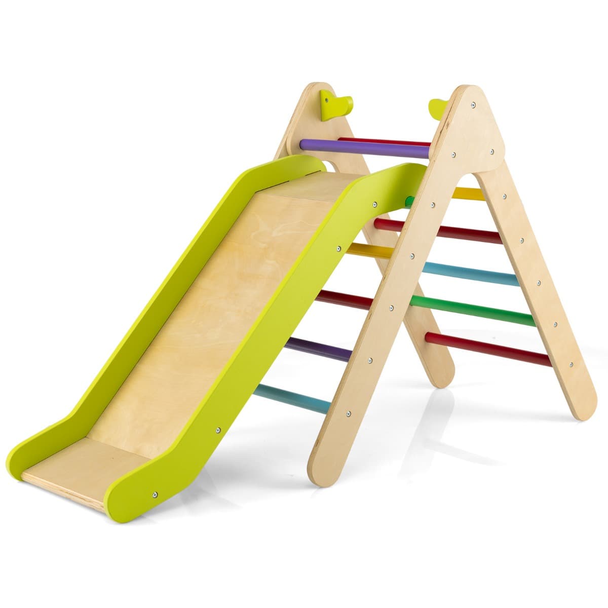 CostwayToboggan Enfant 2 en 1 avec Triangle d'Escalade en Bois Massif Pente de Toboggan Réglable pour 1 An + Charge 60 KG Multicolore