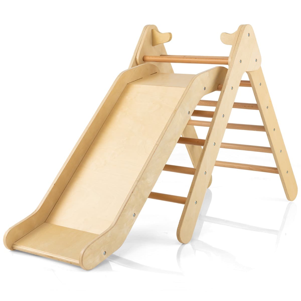 CostwayToboggan Enfant 2 en 1 avec Triangle d'Escalade en Bois Massif Pente de Toboggan Réglable pour 1 An + Charge 60 KG Naturel