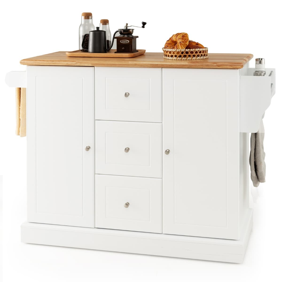 Meuble de Cuisine en Bois Îlot de Cuisine avec 5 Roulettes Cachées Chariot de Cuisine avec Plan de T